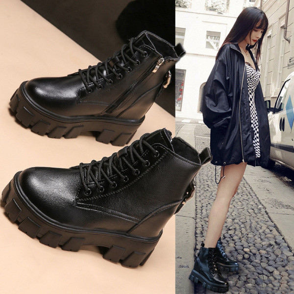 Eko bőrből készült alkalmi női csizma durva talppal és fűzővel