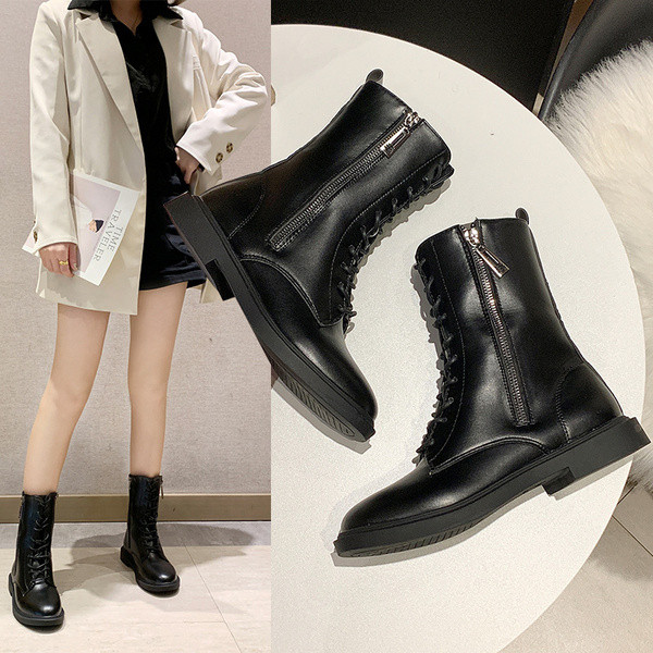 Női téli csizma ekobőr fűzővel és cipzárral fekete színben