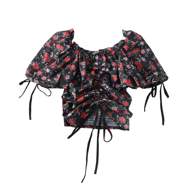 Modern női blúz négyzet alakú nyakkivágással, rövid ujjú, nyakkendővel és virágmotívumokkal