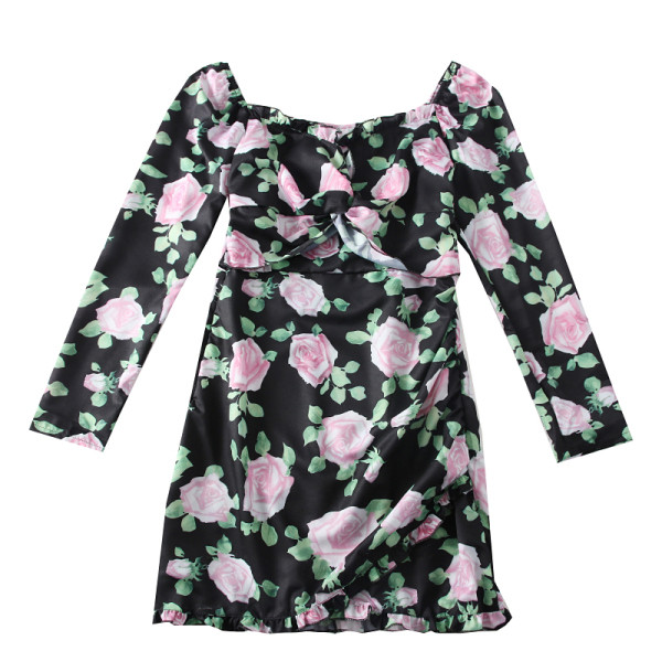 Moodne naiste kleit kandilise kaelusega ja lillemotiividega - retro stiilis