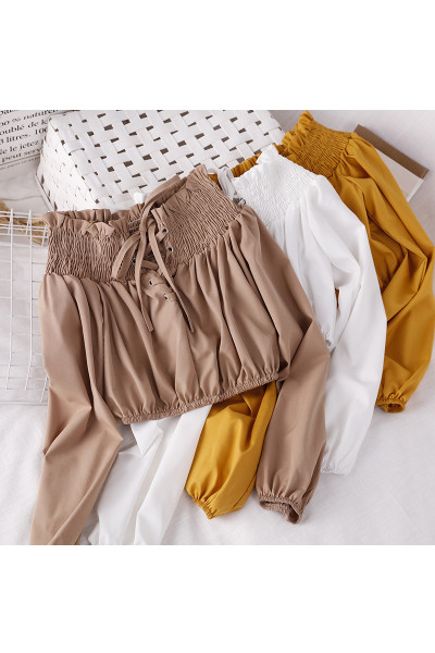 Σύντομη γυναικεία μπλούζα με μακριά μανίκια και κορδόνια