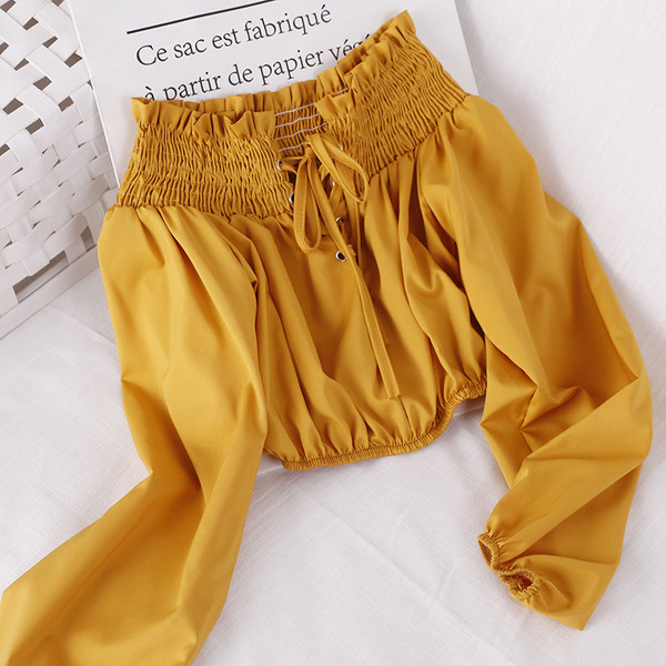 Σύντομη γυναικεία μπλούζα με μακριά μανίκια και κορδόνια