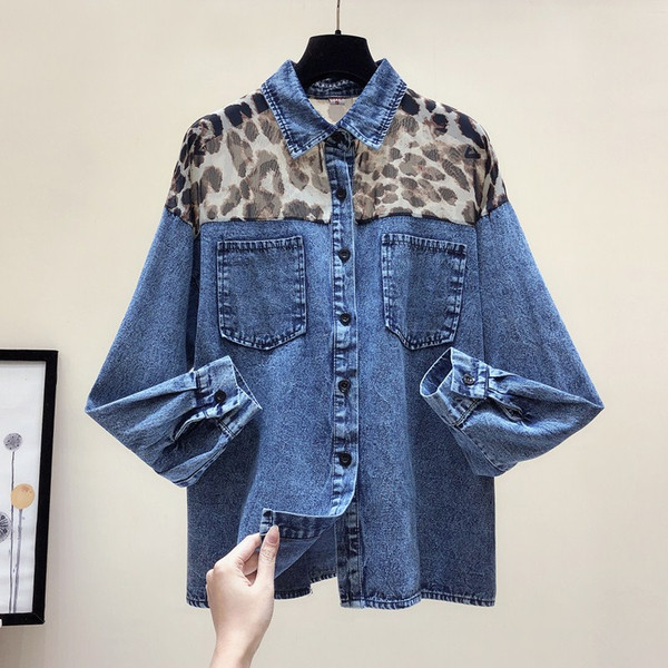 Új modell női farmer ing széles modell hosszú ujjú leopárd mintával