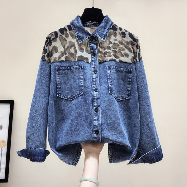 Új modell női farmer ing széles modell hosszú ujjú leopárd mintával