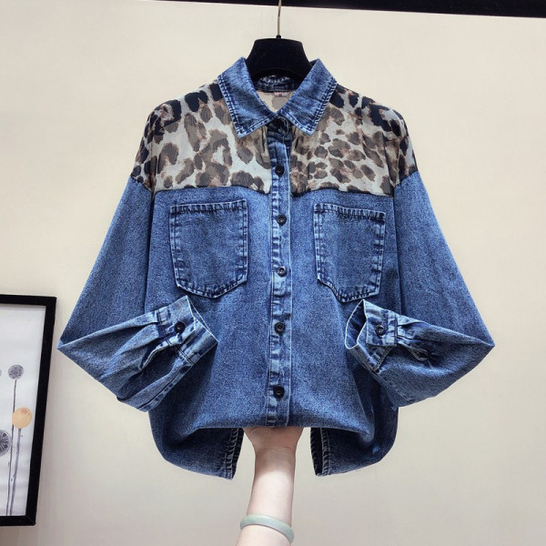 Új modell női farmer ing széles modell hosszú ujjú leopárd mintával