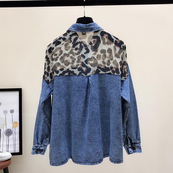 Új modell női farmer ing széles modell hosszú ujjú leopárd mintával