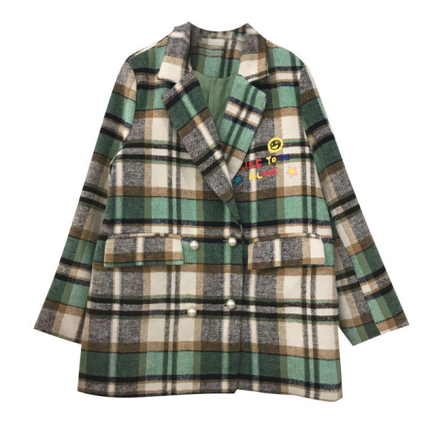 Kockás női kabát V-nyakkal és színes rátéttel