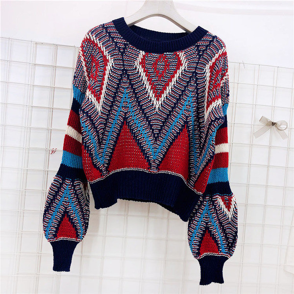 Modern női pulóver retro stílusban kerek nyakkivágással