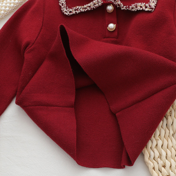 Stílusos gyerek kötőszett galléros pulóverrel és magas derekú szoknyával