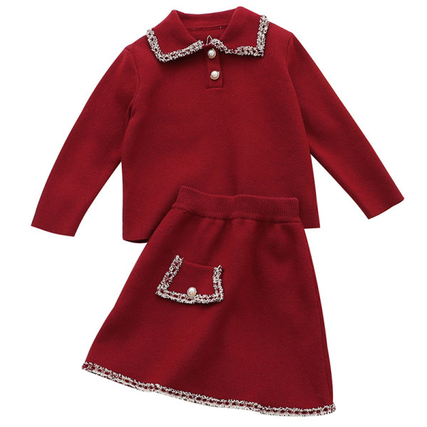 Stílusos gyerek kötőszett galléros pulóverrel és magas derekú szoknyával