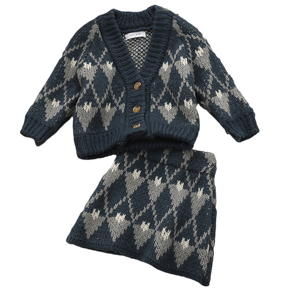 Πλεκτό παιικό σετ για κορίτσια σε δύο μέρη - ζακέτα και φούστα με υψηλή μέση