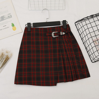 Kockás női szoknya A-vonallal, magas derékkal