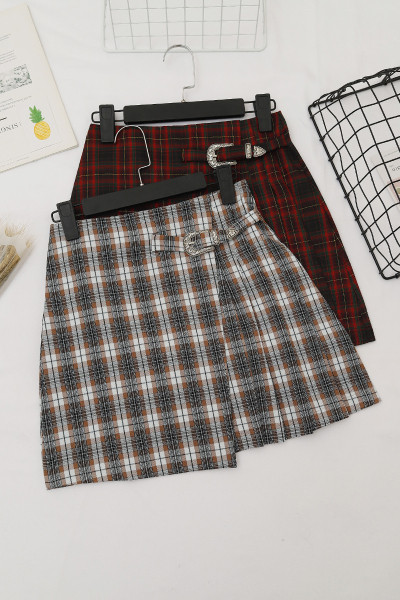 Kockás női szoknya A-vonallal, magas derékkal