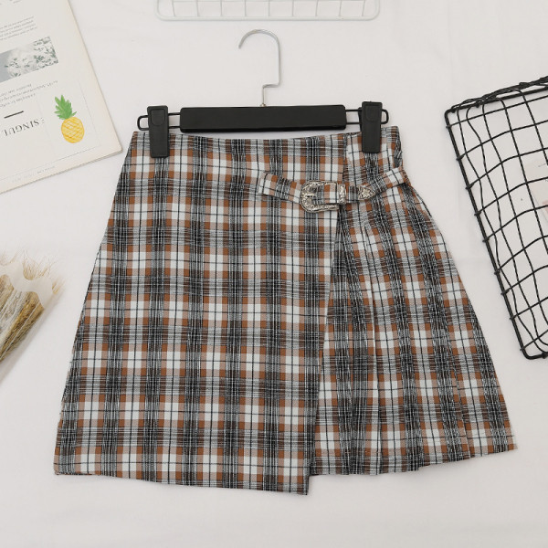 Kockás női szoknya A-vonallal, magas derékkal