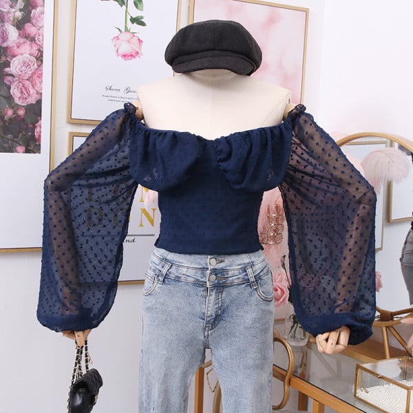 Modern női blúz csupasz váll és tüll ujjú