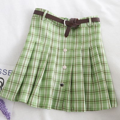 Ruuduline naiste lühike seelik nööpide ja vööga