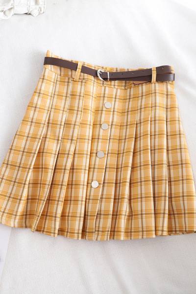 Ruuduline naiste lühike seelik nööpide ja vööga