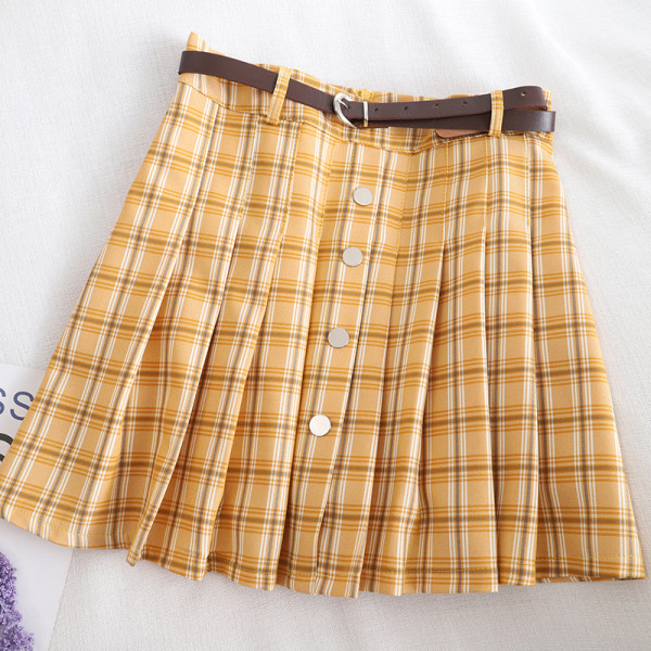 Ruuduline naiste lühike seelik nööpide ja vööga