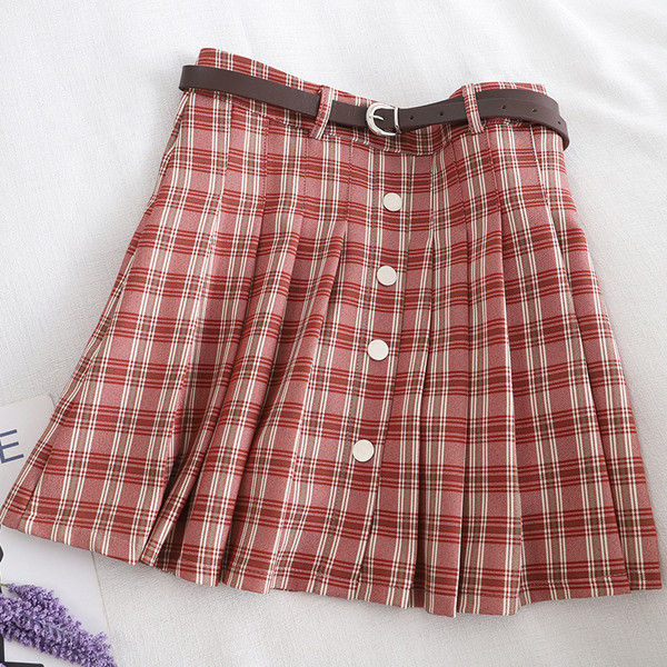 Ruuduline naiste lühike seelik nööpide ja vööga