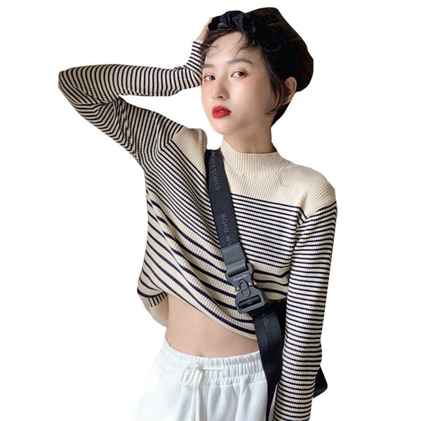 Naprakész női csíkos blúz két színben, félmagas gallérral