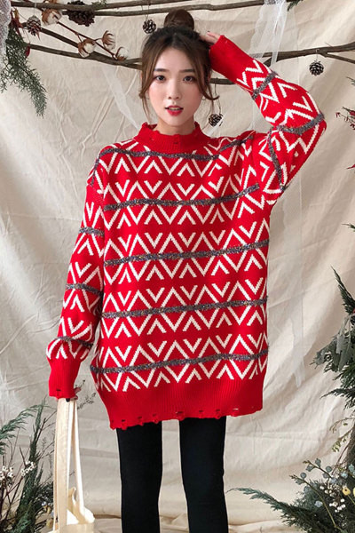 Női modern dalag pulóver piros színben, félmagas gallérral