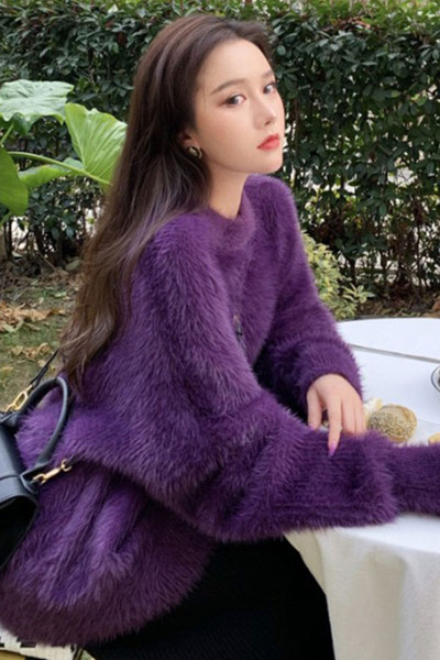 Női aktuális, hosszú pehely pulóver, lila színben
