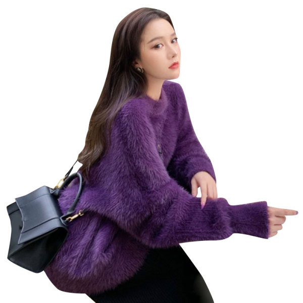 Női aktuális, hosszú pehely pulóver, lila színben
