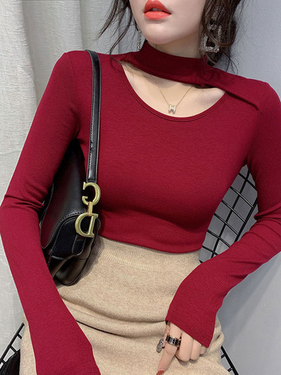 Ежедневна дамска блуза от тънко плетиво с дълъг ръкав в червен,син,бял,черен и зелен цвят