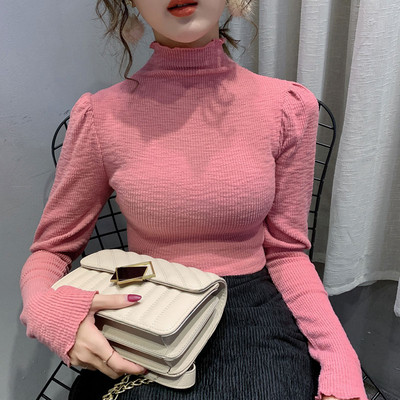 Дамска блуза Slim модел с висока яка в розов,бял и черен цвят