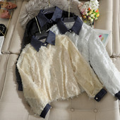 Modern női csipkeing klasszikus gallérral és hosszú ujjú fehér, sárga és fekete színben