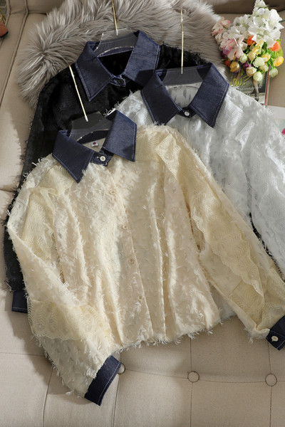 Modern női csipkeing klasszikus gallérral és hosszú ujjú fehér, sárga és fekete színben