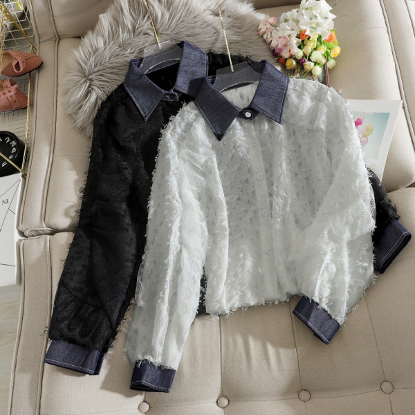 Modern női csipkeing klasszikus gallérral és hosszú ujjú fehér, sárga és fekete színben