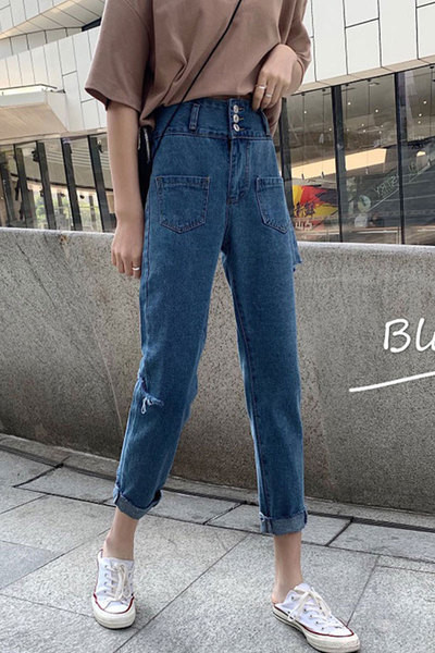 Alkalmi női farmer magas derékkal és zsebekkel