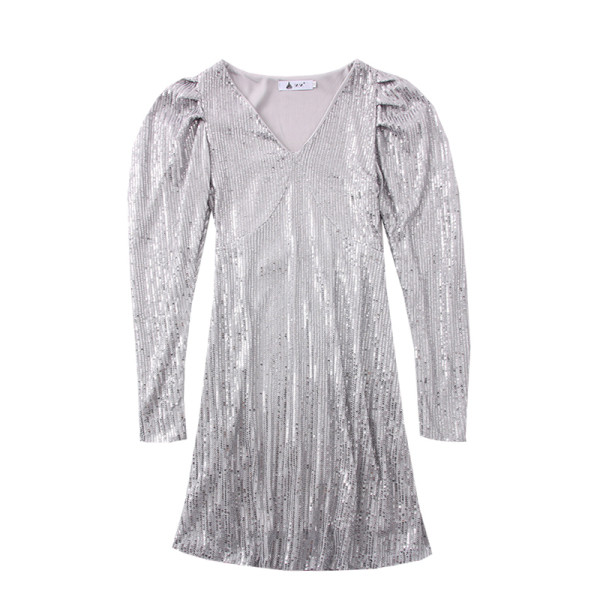 Modern női ruha flitterekkel és spitz nyakkivágással