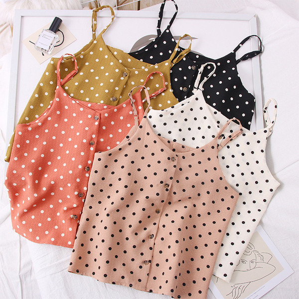 Pöttyös női felső, vékony pántokkal és gombokkal