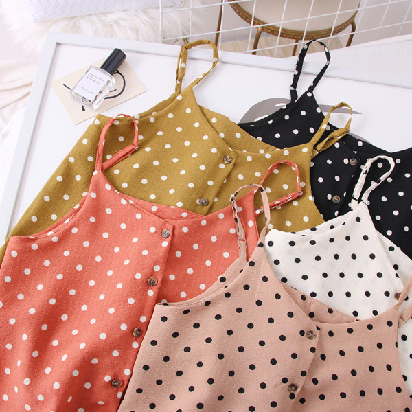 Pöttyös női felső, vékony pántokkal és gombokkal