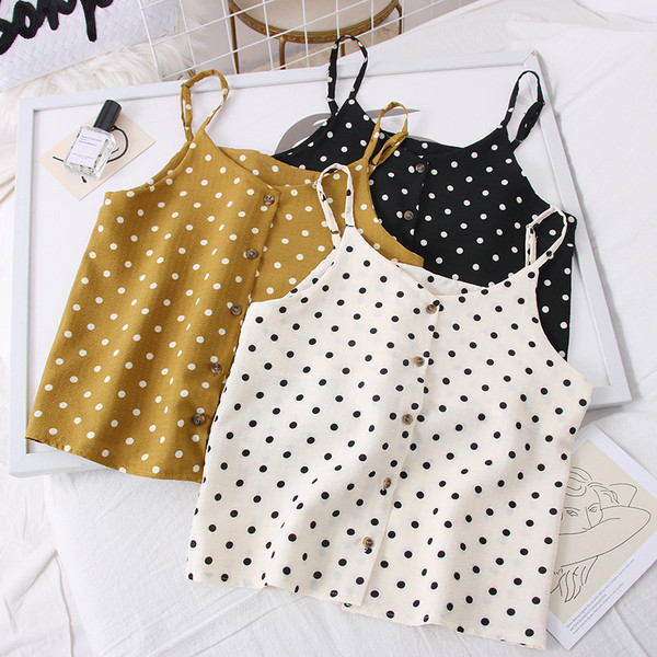 Pöttyös női felső, vékony pántokkal és gombokkal