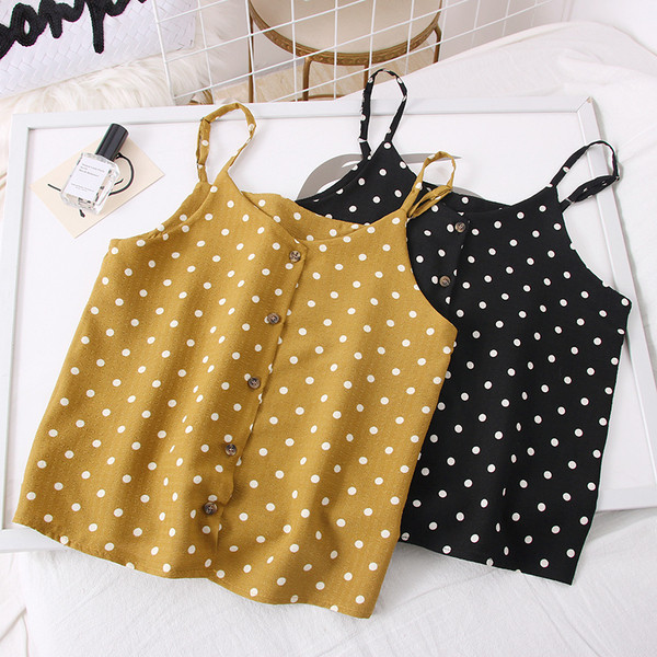 Pöttyös női felső, vékony pántokkal és gombokkal