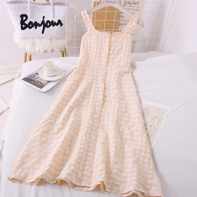 Női kockás ruha gombokkal és pántokkal