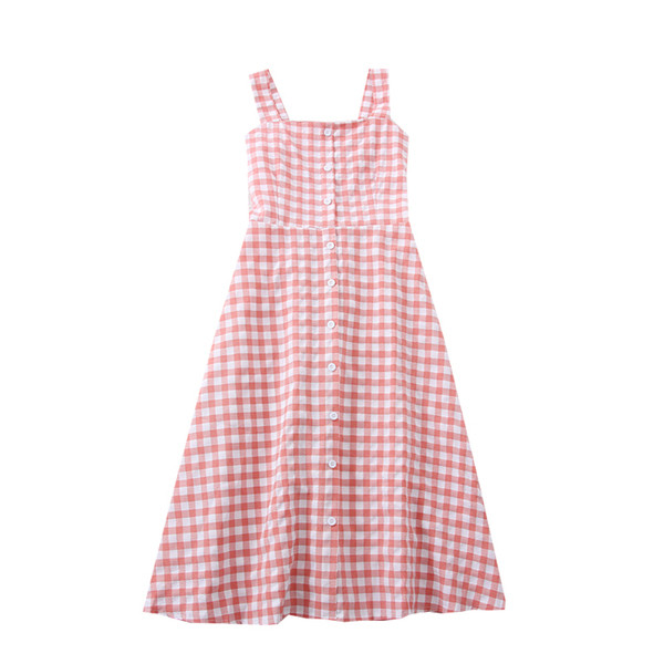 Női kockás ruha gombokkal és pántokkal