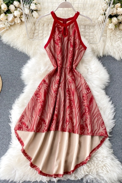 Asimetrični model ženske haljine bez rukava sa čipkom u crnoj, plavoj i crvenoj boji