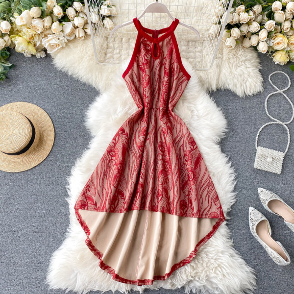 Asimetrični model ženske haljine bez rukava sa čipkom u crnoj, plavoj i crvenoj boji