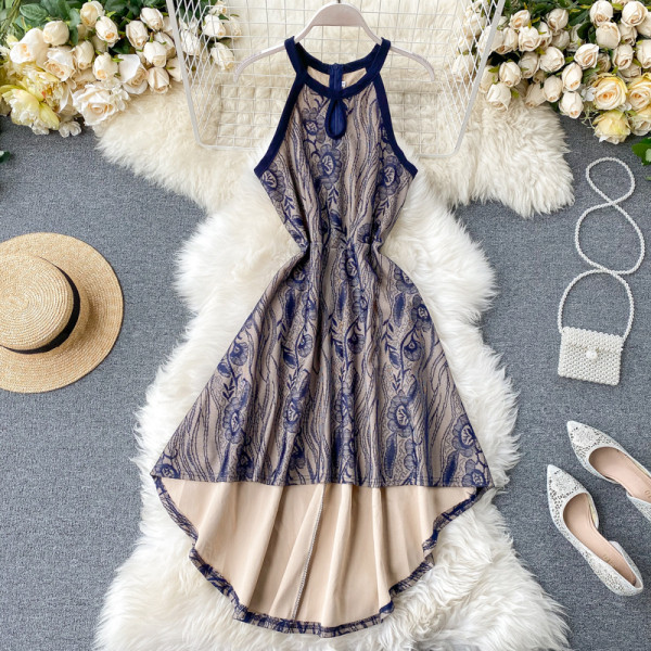 Asimetrični model ženske haljine bez rukava sa čipkom u crnoj, plavoj i crvenoj boji