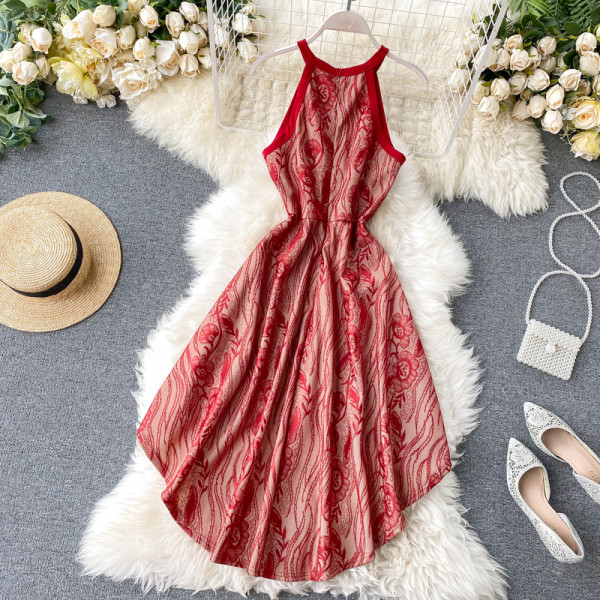 Asimetrični model ženske haljine bez rukava sa čipkom u crnoj, plavoj i crvenoj boji