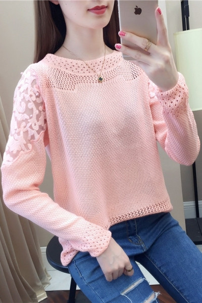 Μοντέρνο γυναικείο πουλόβερ με μανίκια από δαντέλα και  πέρλες σε ροζ, πράσινο, λευκό, μαύρο και μοβ χρώμα