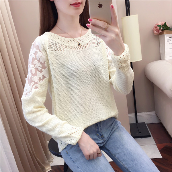 Μοντέρνο γυναικείο πουλόβερ με μανίκια από δαντέλα και  πέρλες σε ροζ, πράσινο, λευκό, μαύρο και μοβ χρώμα