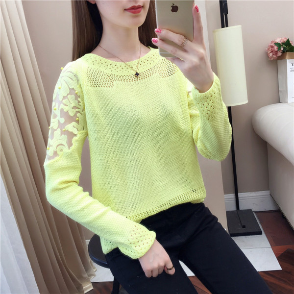 Μοντέρνο γυναικείο πουλόβερ με μανίκια από δαντέλα και  πέρλες σε ροζ, πράσινο, λευκό, μαύρο και μοβ χρώμα