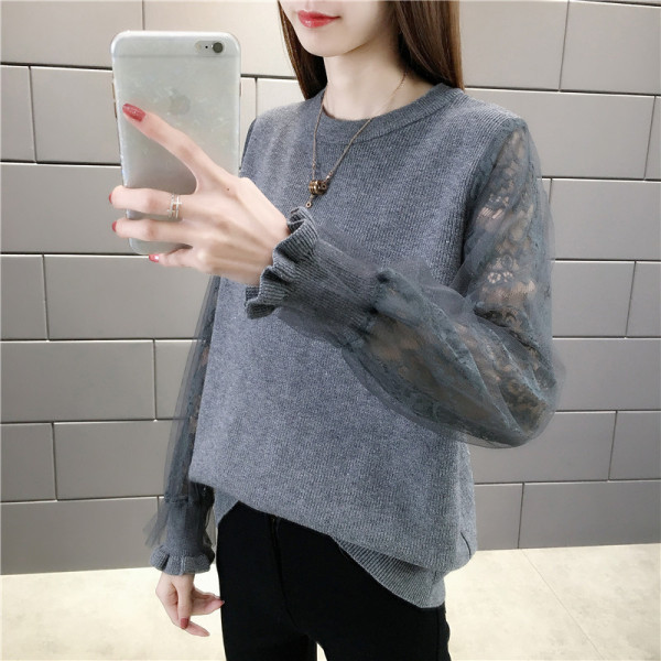 Női pulóver csipkeujjal, szürke, bézs és fekete színben