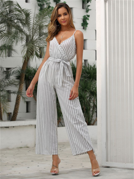 Csíkos női overall övvel és vékony pántokkal