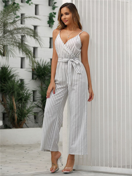 Csíkos női overall övvel és vékony pántokkal